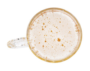 Glass mug of light beer isolated on white, top view