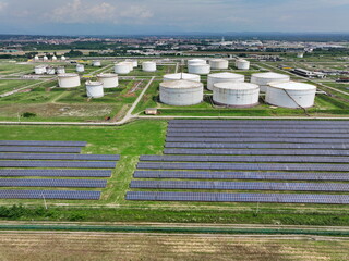 Drone Aerial View power station producing clean, sustainable solar energy  in Italy