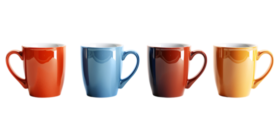 Four Colorful Coffee Mugs In A Row, Isolated On Black Background