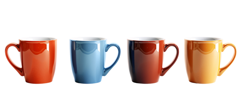 Four Colorful Coffee Mugs In A Row, Isolated On Black Background