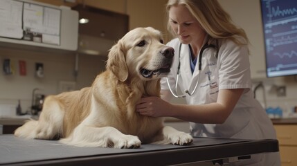 A veterinarian examines a Golden Retriever in a clinic, focusing on its health and well-being during an important check-up