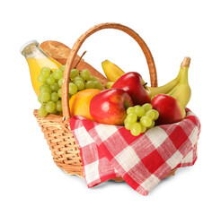 Picnic basket with food and drink isolated on white
