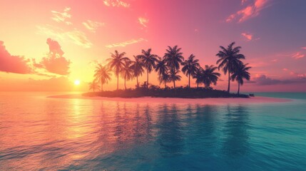 Colorful island with tall palm trees, warm sunlight creating a serene and picturesque landscape
