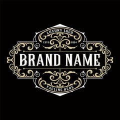 Luxury ornamental logo with floral carving ornament, vintage style for label, sticker, shop sign, salon, boutique, hotel, store
