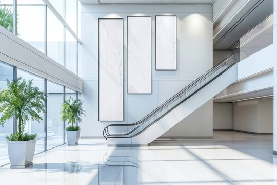 Modern Interior with Escalator, Large Windows, and Plants