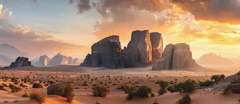 Rocky mountains of Al Ula desert Saudi Arabia at sunset, banner
