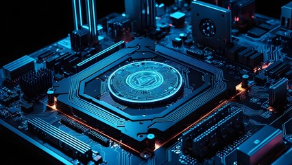 Fototapeta premium A computer chip with a blue circle on it