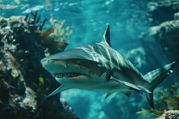 Naklejka premium Shark swims gracefully through vibrant coral reef waters