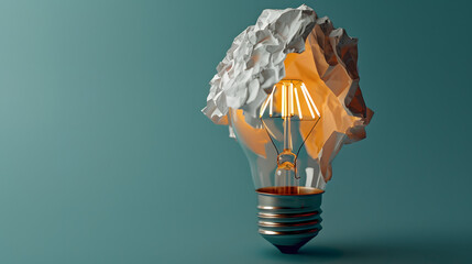 Crumpled paper ball opening to reveal a light bulb. 