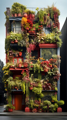 A vertical garden on the exterior of a city building, illustrating the innovative use of vertical space for urban gardening and sustainable living.