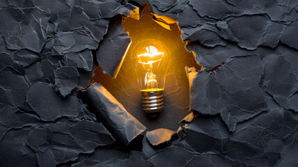 Crumpled paper ball opening to reveal a light bulb. 