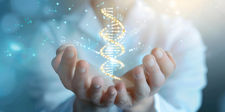 Scientist Holding Glowing DNA Strand, Genetic Research and Innovation in Biotech