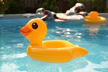 Inflatable duck shaped ring on water in above ground swimming pool outdoors
