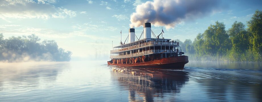 A realistic photo of a paddle steamer on a river, with smoke billowing from its stack, more clarity with clear light and sharp focus, super detailed