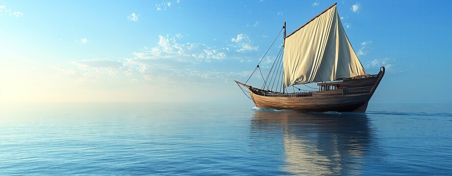 A realistic photo of a traditional wooden dhow sailing in the Arabian Gulf, with its distinctive triangular sails, more clarity with clear light and sharp focus, super detailed