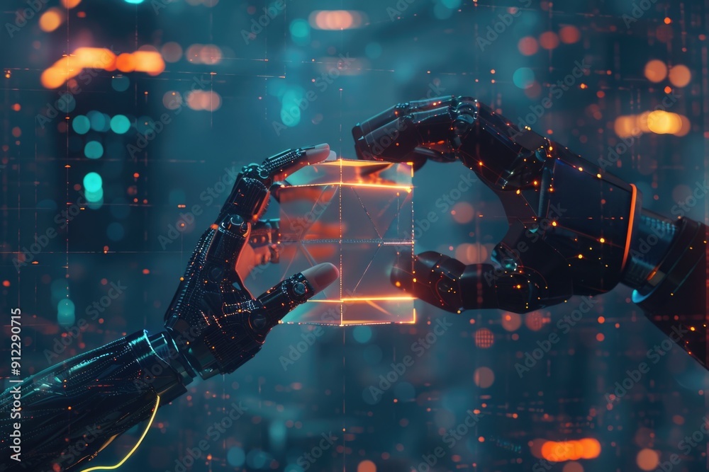 Poster a robot's hand holds a glass block in front of a cityscape, providing a unique perspective on urban 