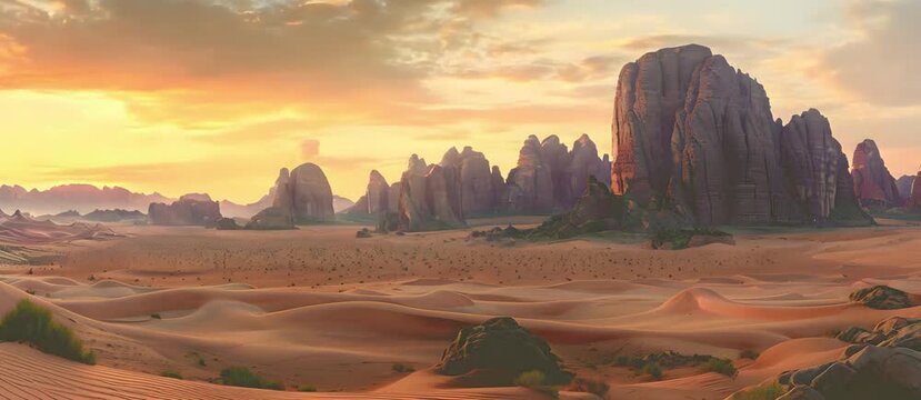 Rocky mountains of Al Ula desert Saudi Arabia at sunset, banner