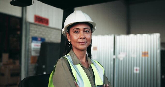 Woman, face and forklift driver for logistics with arms crossed, timelapse and safety helmet at warehouse. Person, truck and vehicle for supply chain with transport at industrial factory in Colombia