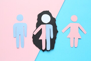 Gender equality concept. Male and female figures on color background, flat lay