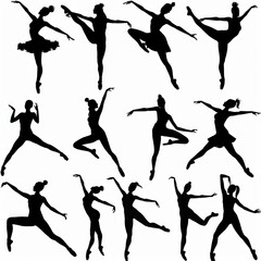 Fototapeta premium A set of silhouettes of female ballet dancers performing various poses.