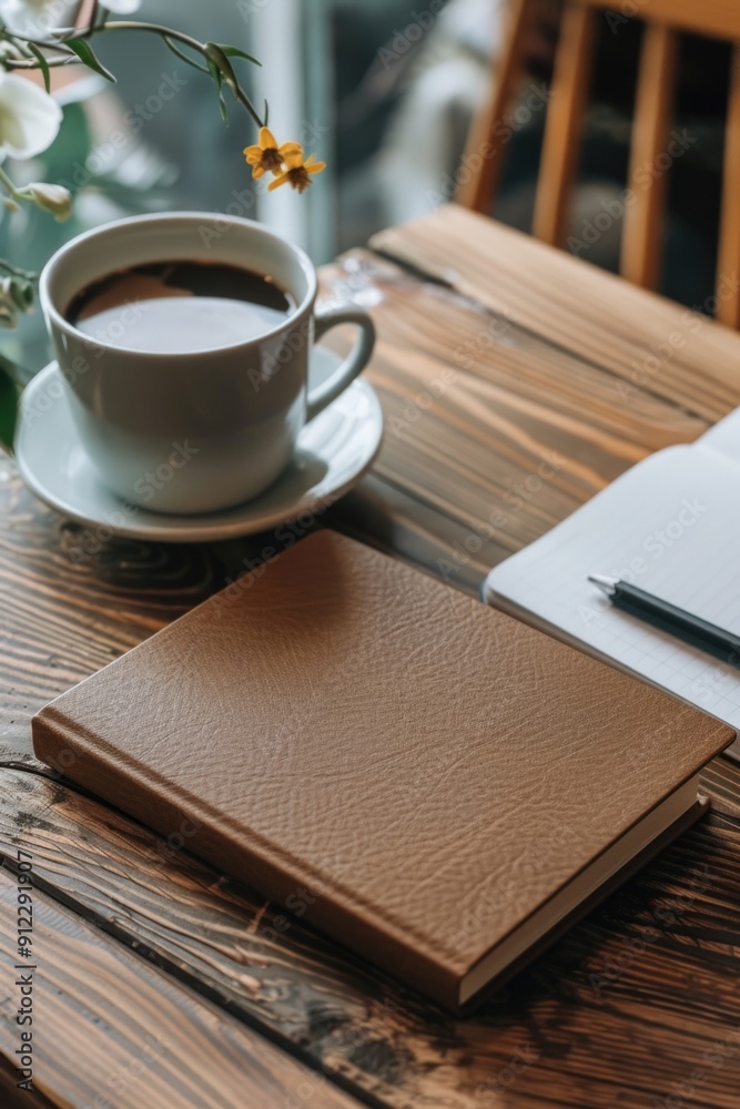 Poster A person enjoying their morning routine with a cup of coffee and a notebook on a table