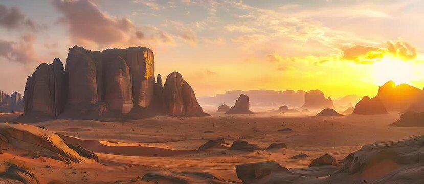 Rocky mountains of Al Ula desert Saudi Arabia at sunset, banner.