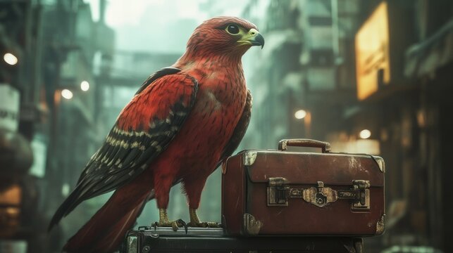 Red Hawk on a Suitcase in the City