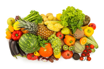 Different fresh fruits and vegetables isolated on white, top view