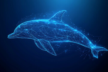 Digital wireframe illustration of a dolphin on a blue background, highlighting the marine mammal's grace and agility with geometric lines.