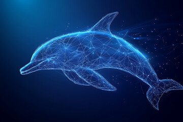 Digital wireframe illustration of a dolphin on a blue background, highlighting the marine mammal's grace and agility with geometric lines.