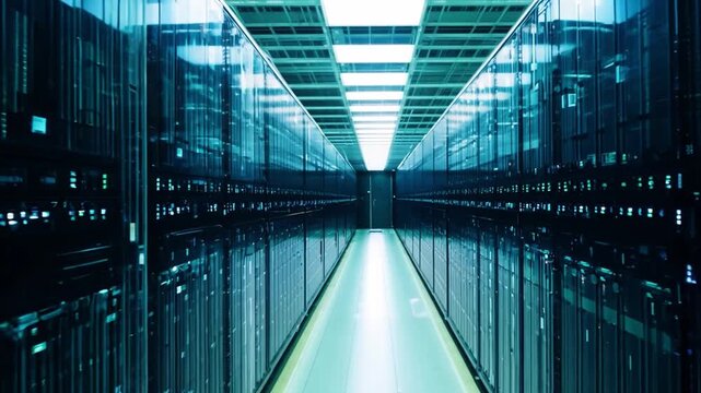 The interior of a high-tech data center features rows of server racks illuminated by bright overhead lights.