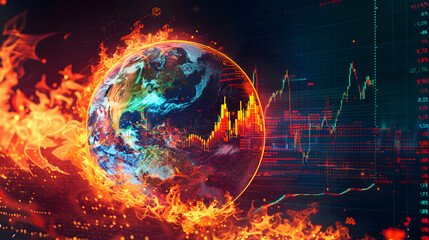 Obraz premium Digital background featuring stock market charts with a globe. flames and financial data on screen. The concept of global economic interaction during this turbulent global environment 