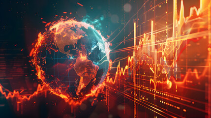 Digital background featuring stock market charts with a globe. flames and financial data on screen. The concept of global economic interaction during this turbulent global environment 