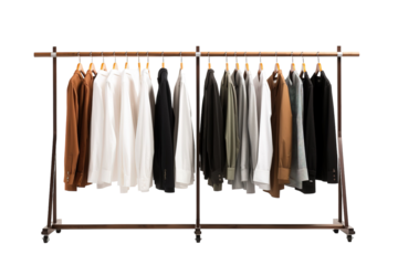 A Row of Stylish Clothing Hanging on a Wooden Garment Rack on a White or Clear Surface PNG Transparent Background.