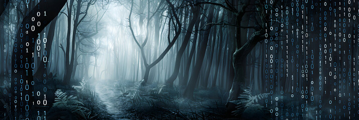 Digital forest with glowing trees and binary code patterns. blending nature and technology 