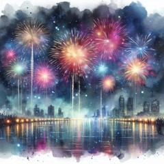 Watercolor painting of fireworks dancing in the night sky
