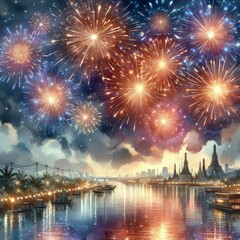 Fototapeta premium Watercolor painting of fireworks dancing in the night sky 