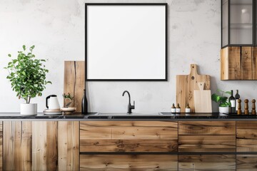 Modern Rustic Kitchen Countertop with Black Frame and Wooden Cabinets