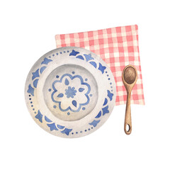 Plate with spoon. Watercolor menu illustration in rustic style