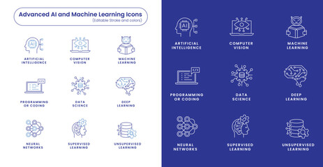 Advanced AI and Machine Learning Line Icons. Editable Stroke and Colors.