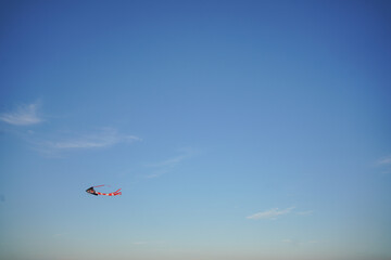 Kite - dragon flying high in the blue sky. High quality photo