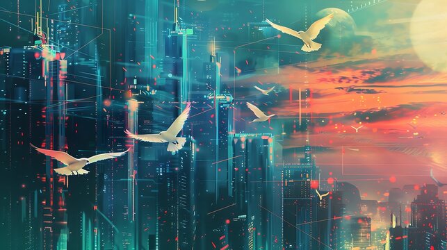 Digital painting of a futuristic city with birds flying above, a sunset sky, and glowing lights.