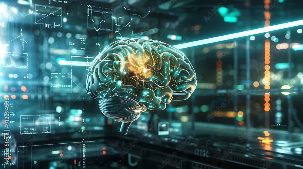 Poster 3d rendering of a human brain with glowing lines and data points, representing artificial intelligen