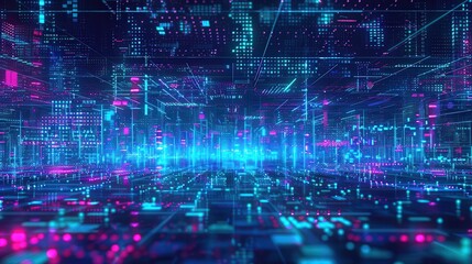 Obraz premium Vibrant futuristic digital landscape with glowing neon elements and data streams, ideal for technology and innovation themes.