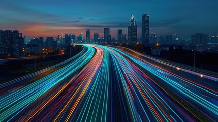 Vibrant night cityscape with dynamic light trails from traffic illustrating urban movement and energy in a modern metropolis.
