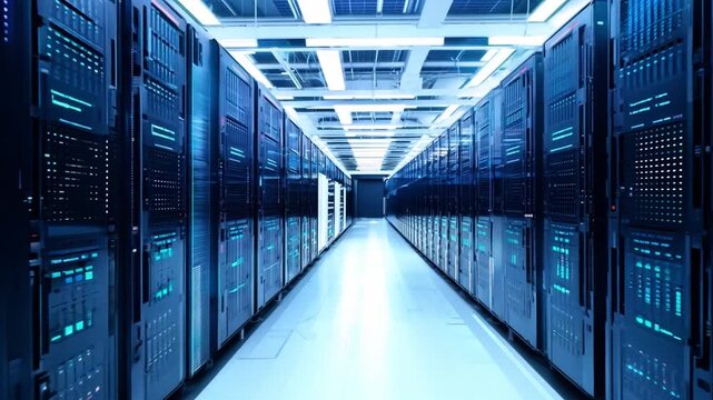 Rows of high-performance servers are organized neatly in a modern data center, illuminated by cool blue lighting in a bright environment.