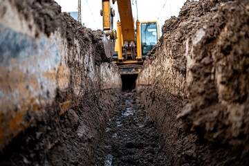 Excavator digging trench at construction site close-up view