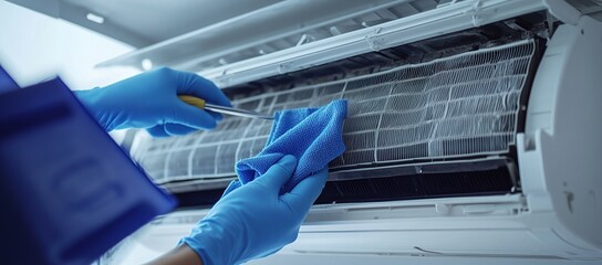 Person cleaning air conditioner filter with cloth and gloves