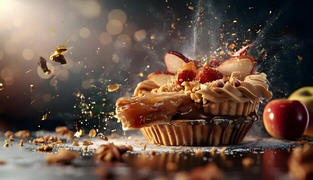 Apple pie ingredients flying, homemade dessert recipe banner
