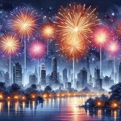 Watercolor painting of fireworks dancing in the night sky
